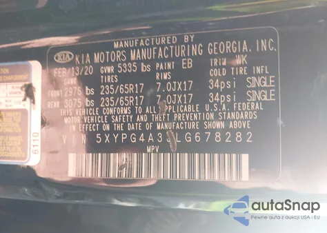 2020 Kia Sorento 2.4L L z USA, uszkodzony, nr VIN 5XYPG4A33LG678282